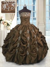 Chocolate Ball Gowns Beading and Appliques and Embroidery and Pick Ups Quinceanera Dress Lace Up Taffeta Sleeveless Floor Length