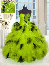 Beading and Pick Ups Ball Gown Prom Dress Olive Green Lace Up Sleeveless With Train Sweep Train