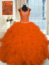 Great Orange Red 15th Birthday Dress Military Ball and Sweet 16 and Quinceanera and For with Beading and Ruffles Straps Cap Sleeves Lace Up