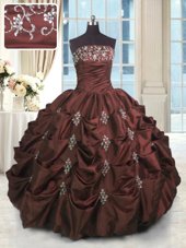 Top Selling Burgundy Ball Gowns Beading and Appliques and Embroidery and Pick Ups Quinceanera Gown Lace Up Taffeta Sleeveless Floor Length