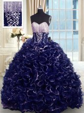 Romantic Brush Train Ball Gowns Vestidos de Quinceanera Navy Blue Sweetheart Organza Sleeveless With Train Lace Up
