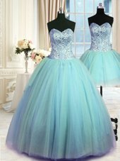 Fitting Three Piece Blue Tulle Lace Up Sweetheart Sleeveless Floor Length 15th Birthday Dress Beading