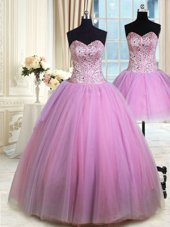 Customized Three Piece Lilac Sleeveless Floor Length Beading Lace Up Vestidos de Quinceanera
