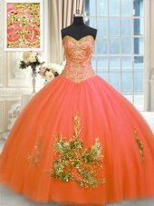Floor Length Orange Red Sweet 16 Dresses Tulle Sleeveless Beading and Appliques and Embroidery