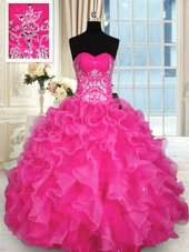 Floor Length Hot Pink Quinceanera Dress Organza Sleeveless Beading and Appliques and Ruffles