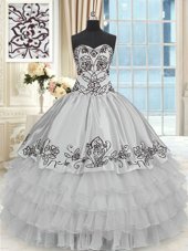 Ruffled Floor Length Grey Quinceanera Gown Halter Top Sleeveless Lace Up