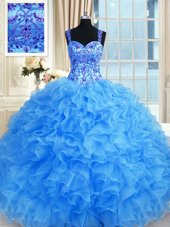 Sweetheart Sleeveless Organza Quince Ball Gowns Beading and Embroidery and Ruffles Lace Up