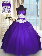 Purple Sleeveless Floor Length Beading and Lace and Appliques and Ruching and Pick Ups Lace Up Quince Ball Gowns