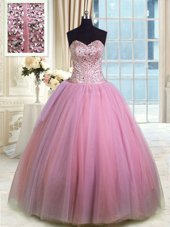 Rose Pink Organza Lace Up Quinceanera Gowns Sleeveless Floor Length Beading and Ruching