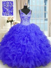 Floor Length Purple Sweet 16 Dresses V-neck Sleeveless Zipper