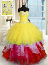 Sweet Sleeveless Floor Length Beading and Ruffles Lace Up 15th Birthday Dress with Multi-color