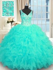 Aqua Blue Sleeveless Floor Length Beading and Ruffles Zipper 15 Quinceanera Dress