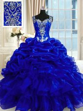 Designer Royal Blue Lace Up Straps Beading and Ruffles and Pick Ups Quinceanera Gowns Organza Sleeveless