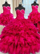 Four Piece Hot Pink Three Pieces Organza Sweetheart Sleeveless Beading and Ruffles and Ruching Floor Length Lace Up Sweet 16 Quinceanera Dress