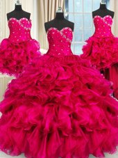 Four Piece Hot Pink Three Pieces Organza Sweetheart Sleeveless Beading and Ruffles and Ruching Floor Length Lace Up Sweet 16 Quinceanera Dress