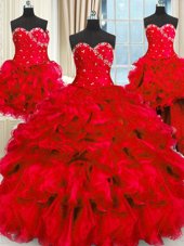 Four Piece Red Three Pieces Sweetheart Sleeveless Organza Floor Length Lace Up Beading and Ruffles and Ruching 15 Quinceanera Dress