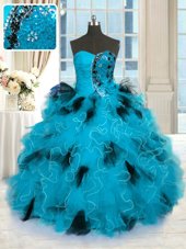 Sleeveless Tulle Floor Length Lace Up Sweet 16 Dresses in Blue And Black for with Beading and Ruffles