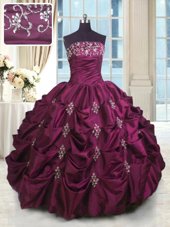 Flare Burgundy Sleeveless Beading and Appliques and Embroidery and Pick Ups Floor Length Quince Ball Gowns