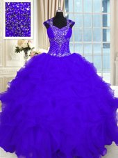 Purple Cap Sleeves Beading and Ruffles Floor Length Quinceanera Dresses