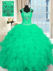 Modest Turquoise Ball Gowns Organza Straps Cap Sleeves Beading and Ruffles and Pattern Floor Length Lace Up Quinceanera Dress