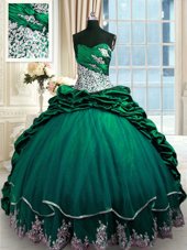 Fantastic Sleeveless Beading and Appliques and Pick Ups Lace Up Sweet 16 Dresses with Dark Green Brush Train