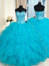 Aqua Blue Ball Gowns Organza Sweetheart Sleeveless Beading and Ruffles Floor Length Lace Up Quinceanera Dresses