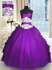 Cute Purple Lace Up Quinceanera Dresses Beading and Lace and Ruching and Pick Ups Sleeveless Floor Length