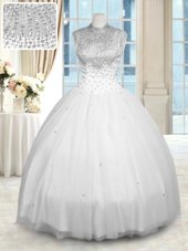 Enchanting White Tulle Zipper High-neck Sleeveless Floor Length 15 Quinceanera Dress Beading