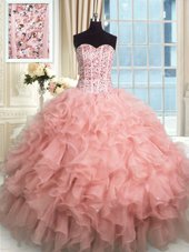 Pretty Sweetheart Sleeveless Organza 15th Birthday Dress Beading and Ruffles Lace Up