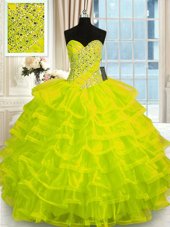 Floor Length Yellow Green Quinceanera Dresses Organza Sleeveless Beading and Ruffled Layers