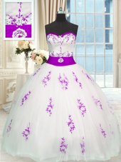 Comfortable White Sweet 16 Dresses Military Ball and Sweet 16 and Quinceanera and For with Appliques and Belt Sweetheart Sleeveless Lace Up