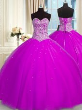 Edgy Sequins Sweetheart Sleeveless Lace Up Sweet 16 Dress Fuchsia Organza