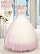Baby Pink Sleeveless Tulle Zipper Quinceanera Gown for Military Ball and Sweet 16 and Quinceanera