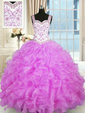 Straps Sleeveless Sweet 16 Dresses Floor Length Beading and Ruffles Lilac Organza