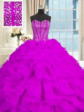 Adorable Purple Sleeveless Brush Train Beading and Ruffles With Train Quinceanera Gowns