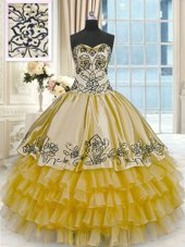 Fashion Gold Ball Gowns Beading and Embroidery and Ruffled Layers Sweet 16 Quinceanera Dress Lace Up Organza and Taffeta Sleeveless Floor Length