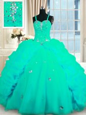 Glamorous Turquoise Sleeveless With Train Beading and Ruffles Lace Up Quinceanera Gowns