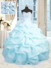 Glorious Baby Blue Sleeveless Organza Lace Up Quinceanera Dresses for Military Ball and Sweet 16 and Quinceanera