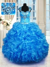 Cap Sleeves Lace Up Floor Length Beading and Ruffles Sweet 16 Dresses
