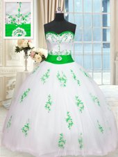 Sumptuous White Quinceanera Gowns Military Ball and Sweet 16 and Quinceanera and For with Appliques and Belt Sweetheart Sleeveless Lace Up
