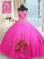 Simple Hot Pink Sleeveless Floor Length Beading and Appliques and Embroidery Lace Up Ball Gown Prom Dress