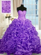 Low Price Lavender Ball Gown Prom Dress Military Ball and Sweet 16 and Quinceanera and For with Beading and Pick Ups Sweetheart Sleeveless Sweep Train Lace Up