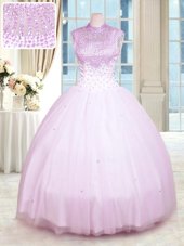 High-neck Sleeveless Zipper Quince Ball Gowns Lilac Tulle