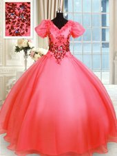 Latest Organza Short Sleeves Floor Length Vestidos de Quinceanera and Appliques