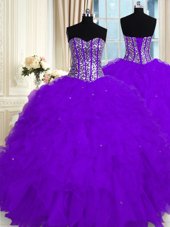 Stylish Sleeveless Lace Up Floor Length Beading and Ruffles Quinceanera Gown