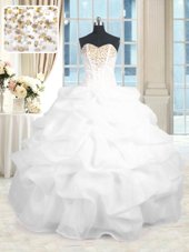 Fantastic Organza Sweetheart Sleeveless Lace Up Beading and Ruffles Ball Gown Prom Dress in White