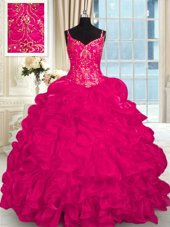 Luxurious Hot Pink Ball Gowns Organza Spaghetti Straps Sleeveless Beading and Embroidery and Ruffles Lace Up Sweet 16 Dress Brush Train