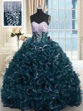 Flare Teal Ball Gowns Sweetheart Sleeveless Organza With Brush Train Lace Up Beading and Ruffles Quinceanera Dresses
