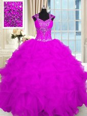 Great Floor Length Lace Up Quinceanera Dress Fuchsia and In for Military Ball and Sweet 16 and Quinceanera with Beading and Ruffles