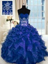 Sleeveless Organza Floor Length Lace Up Quinceanera Gowns in Navy Blue for with Beading and Appliques and Ruffles